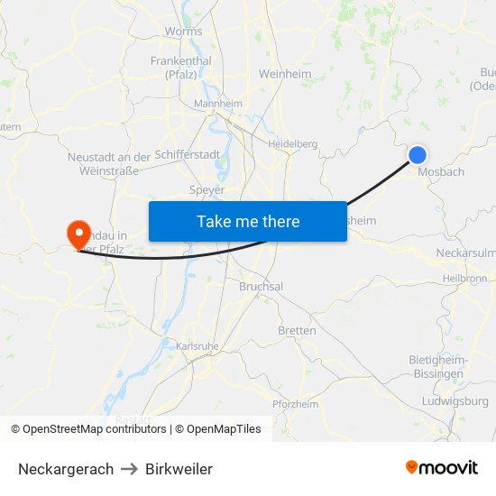 Neckargerach to Birkweiler map