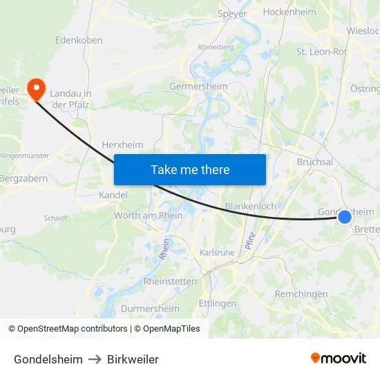 Gondelsheim to Birkweiler map