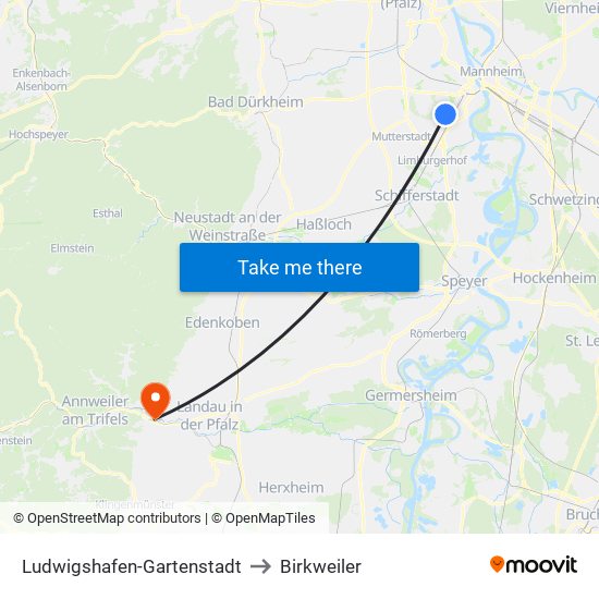 Ludwigshafen-Gartenstadt to Birkweiler map