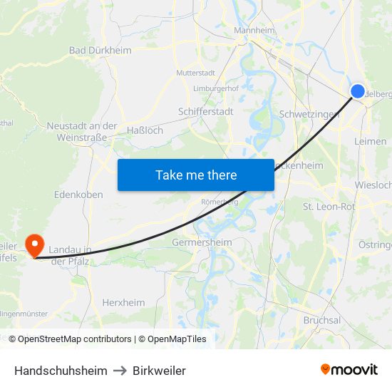 Handschuhsheim to Birkweiler map