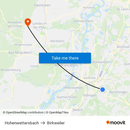 Hohenwettersbach to Birkweiler map