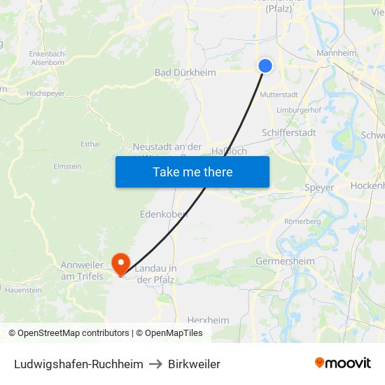 Ludwigshafen-Ruchheim to Birkweiler map