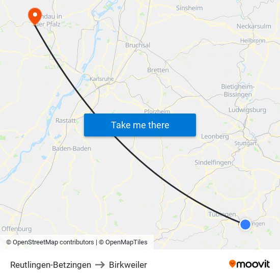 Reutlingen-Betzingen to Birkweiler map