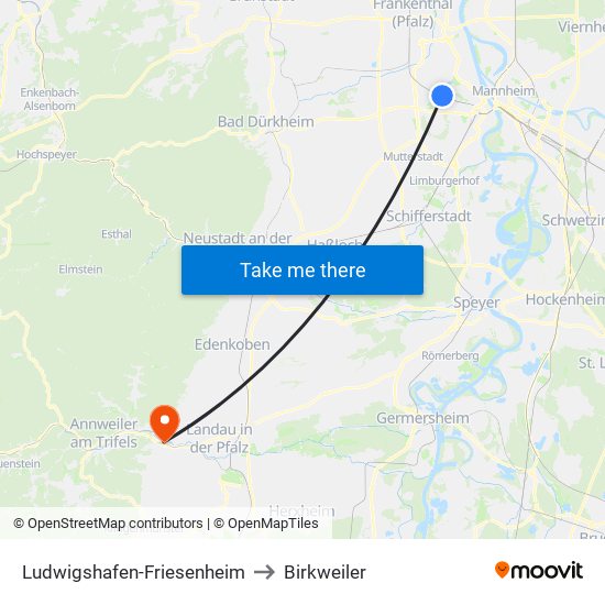 Ludwigshafen-Friesenheim to Birkweiler map