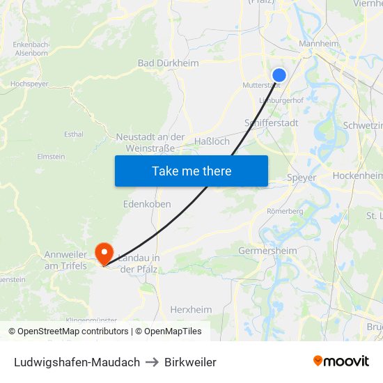 Ludwigshafen-Maudach to Birkweiler map