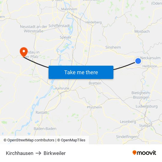 Kirchhausen to Birkweiler map