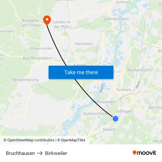 Bruchhausen to Birkweiler map