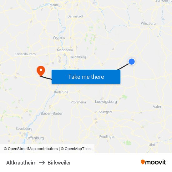 Altkrautheim to Birkweiler map