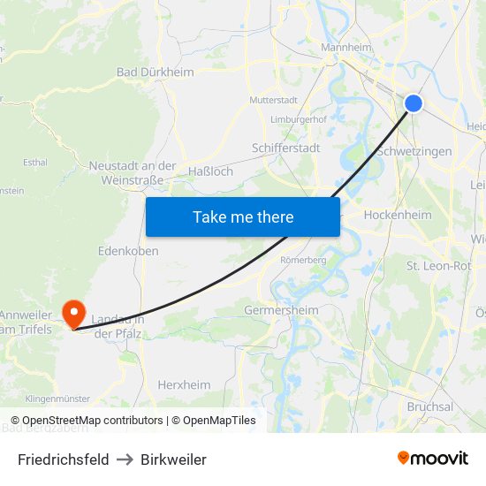 Friedrichsfeld to Birkweiler map