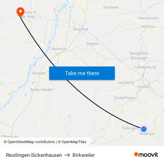 Reutlingen-Sickenhausen to Birkweiler map