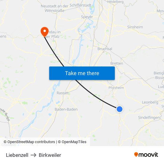 Liebenzell to Birkweiler map