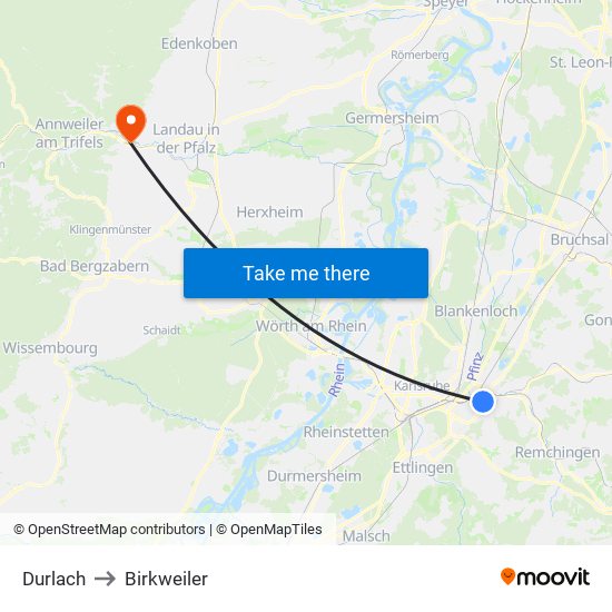Durlach to Birkweiler map