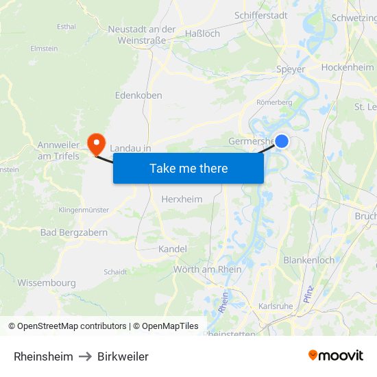 Rheinsheim to Birkweiler map