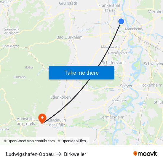 Ludwigshafen-Oppau to Birkweiler map