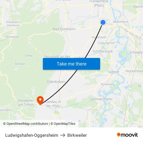 Ludwigshafen-Oggersheim to Birkweiler map