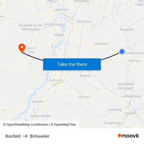 Bonfeld to Birkweiler map