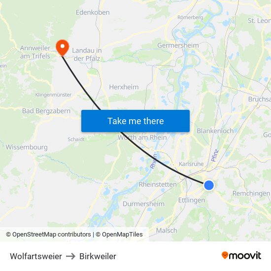 Wolfartsweier to Birkweiler map