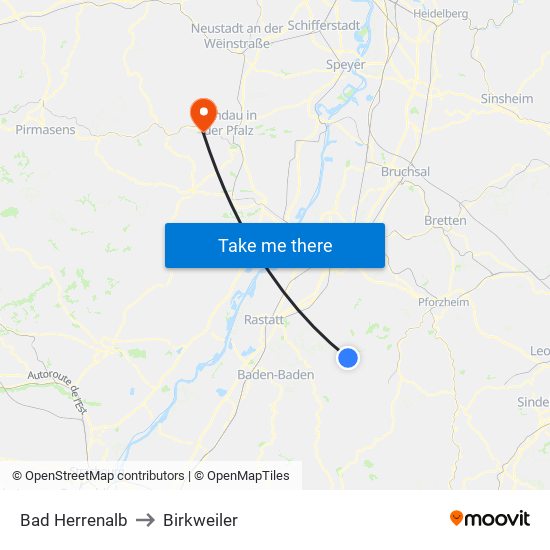 Bad Herrenalb to Birkweiler map