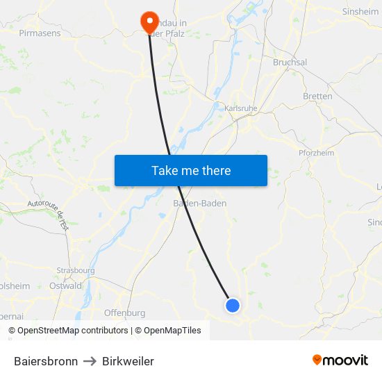 Baiersbronn to Birkweiler map
