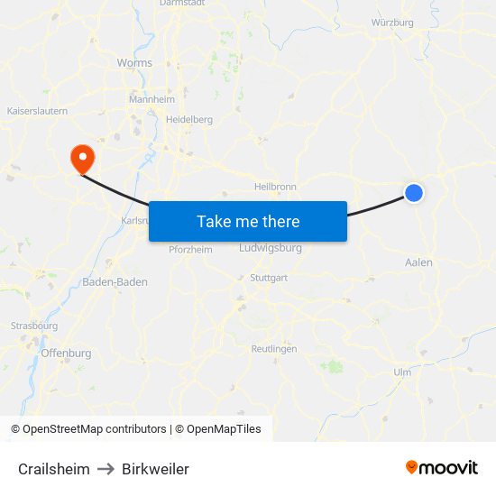 Crailsheim to Birkweiler map