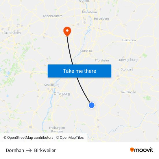 Dornhan to Birkweiler map