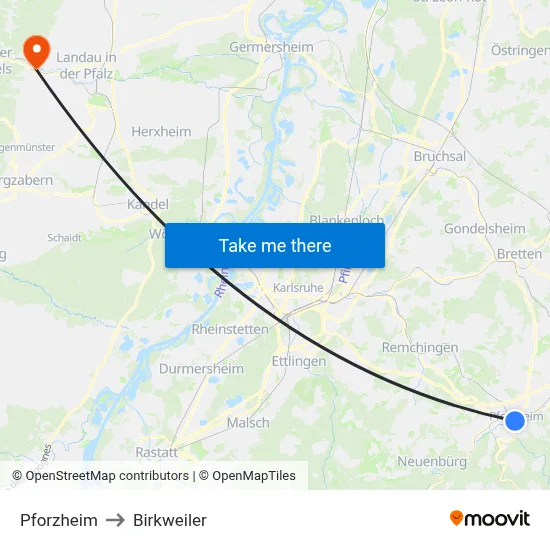 Pforzheim to Birkweiler map