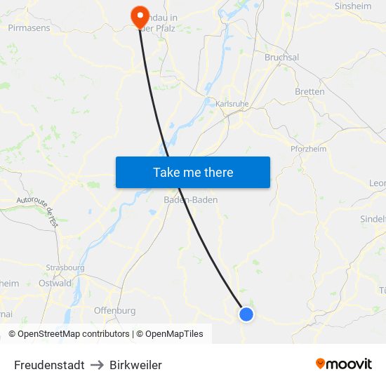 Freudenstadt to Birkweiler map