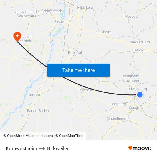 Kornwestheim to Birkweiler map