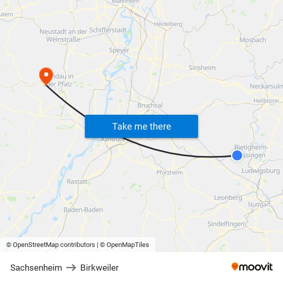 Sachsenheim to Birkweiler map