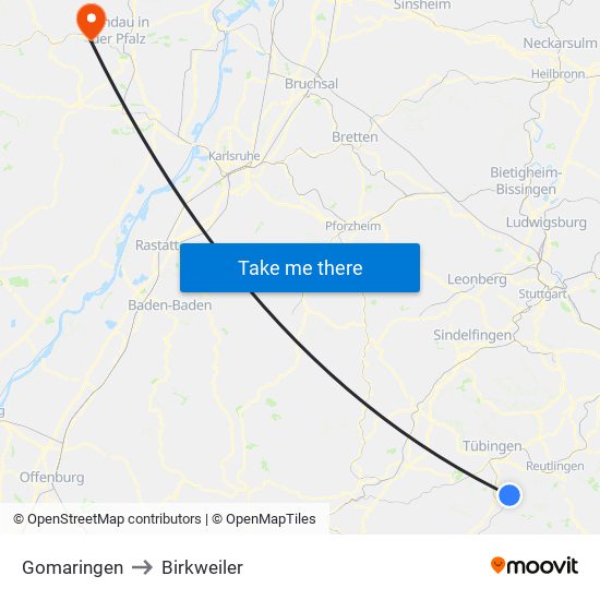 Gomaringen to Birkweiler map
