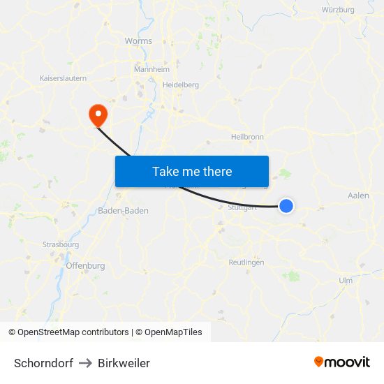 Schorndorf to Birkweiler map