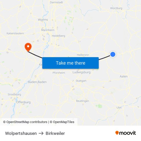 Wolpertshausen to Birkweiler map