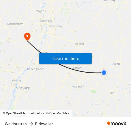 Waldstetten to Birkweiler map