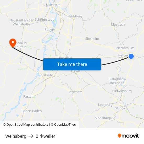 Weinsberg to Birkweiler map