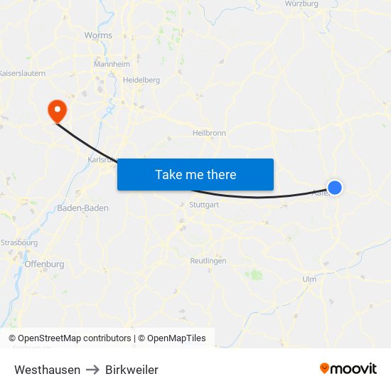 Westhausen to Birkweiler map