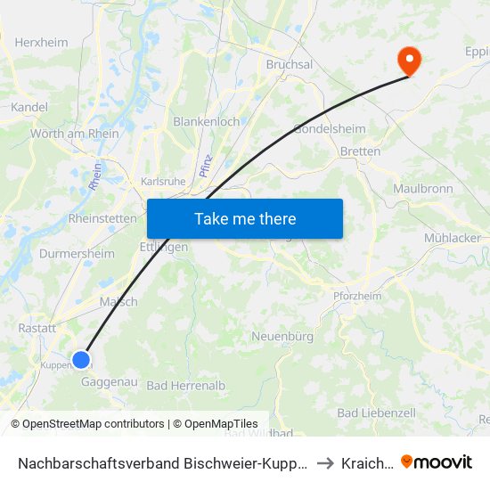 Nachbarschaftsverband Bischweier-Kuppenheim to Kraichtal map