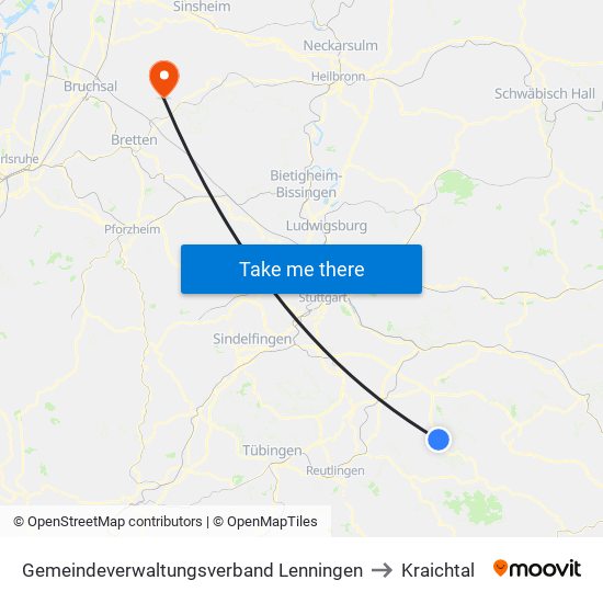 Gemeindeverwaltungsverband Lenningen to Kraichtal map