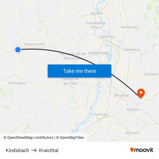 Kindsbach to Kraichtal map