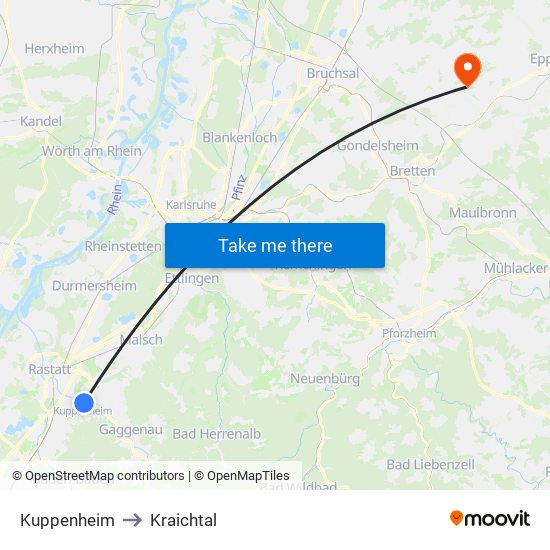 Kuppenheim to Kraichtal map