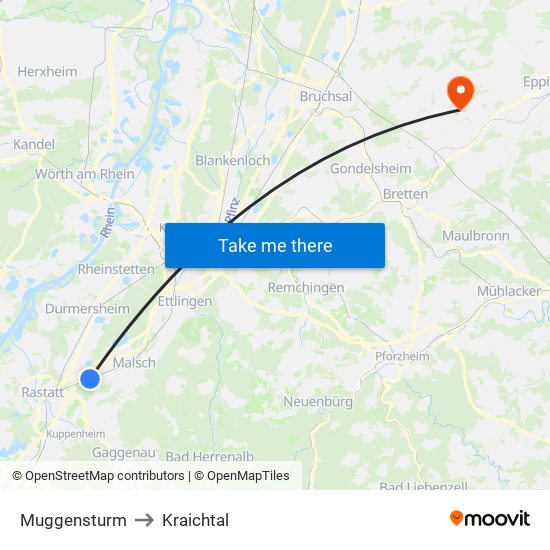 Muggensturm to Kraichtal map