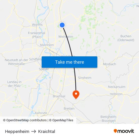 Heppenheim to Kraichtal map