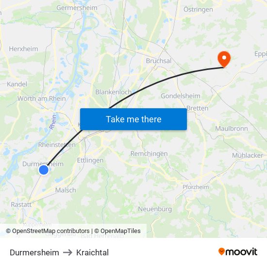 Durmersheim to Kraichtal map