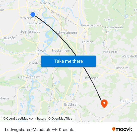 Ludwigshafen-Maudach to Kraichtal map