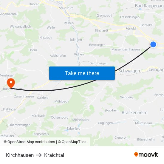 Kirchhausen to Kraichtal map