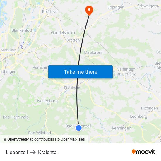 Liebenzell to Kraichtal map