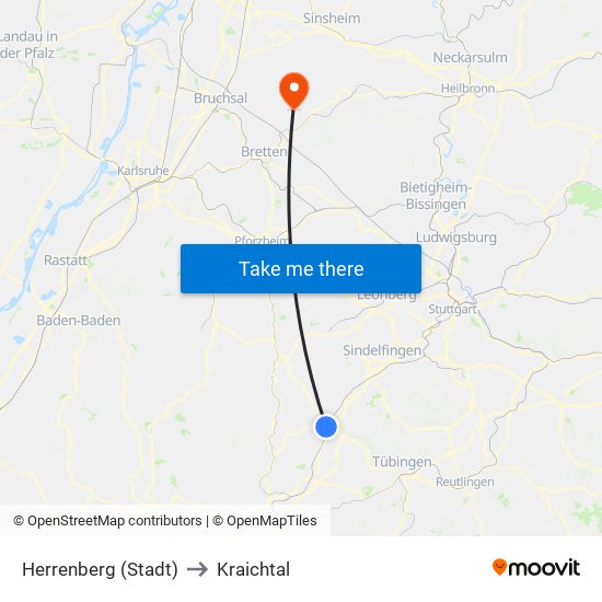 Herrenberg (Stadt) to Kraichtal map