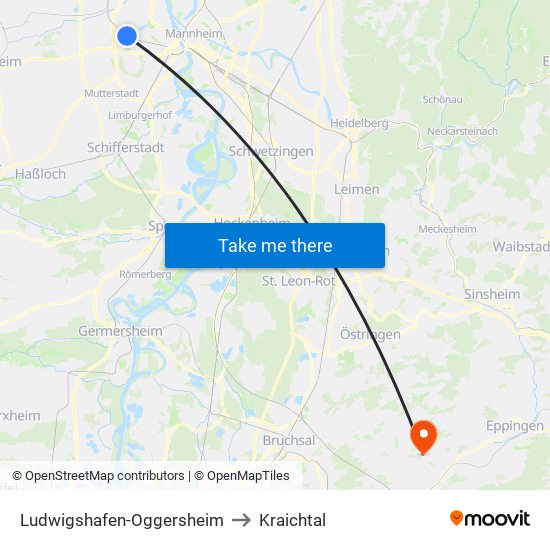 Ludwigshafen-Oggersheim to Kraichtal map