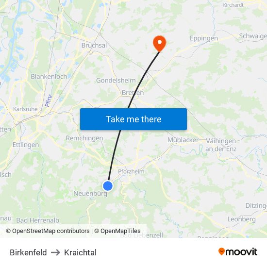 Birkenfeld to Kraichtal map