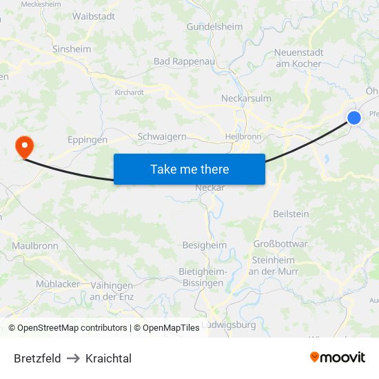 Bretzfeld to Kraichtal map