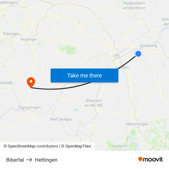 Bibertal to Hettingen map